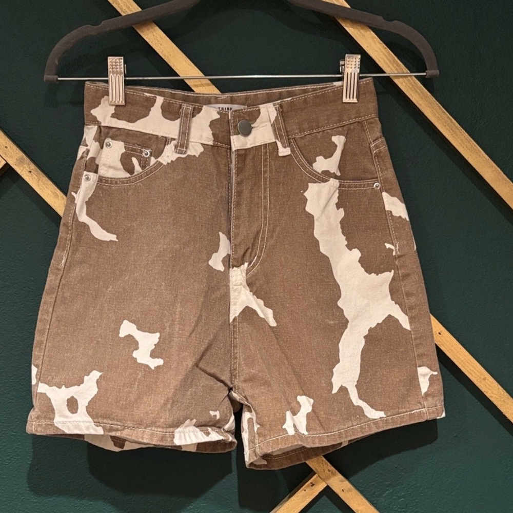 12th Tribe Tan and Cream Cow Print Shorts - Picture 1 of 3